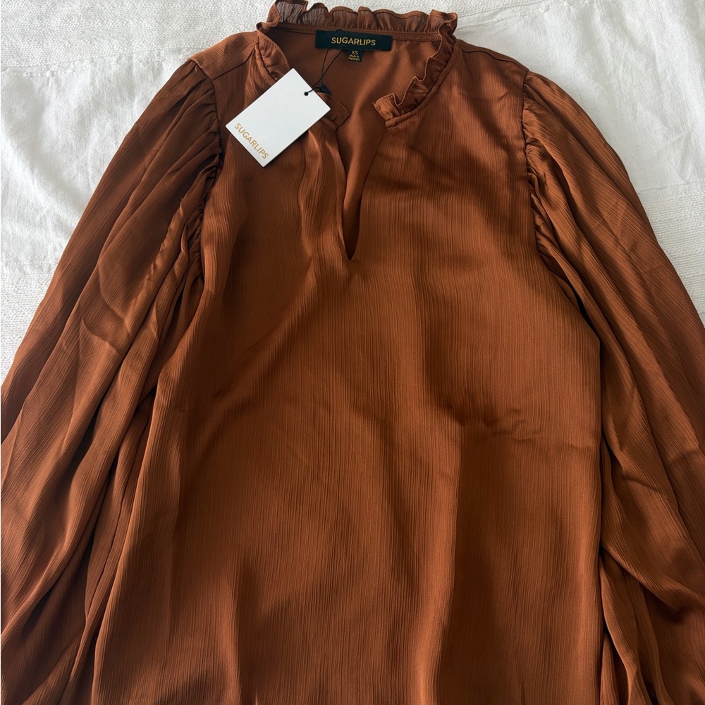 Sugarlips Rust Brown Long Sleeve Ruffle Neck Blouse